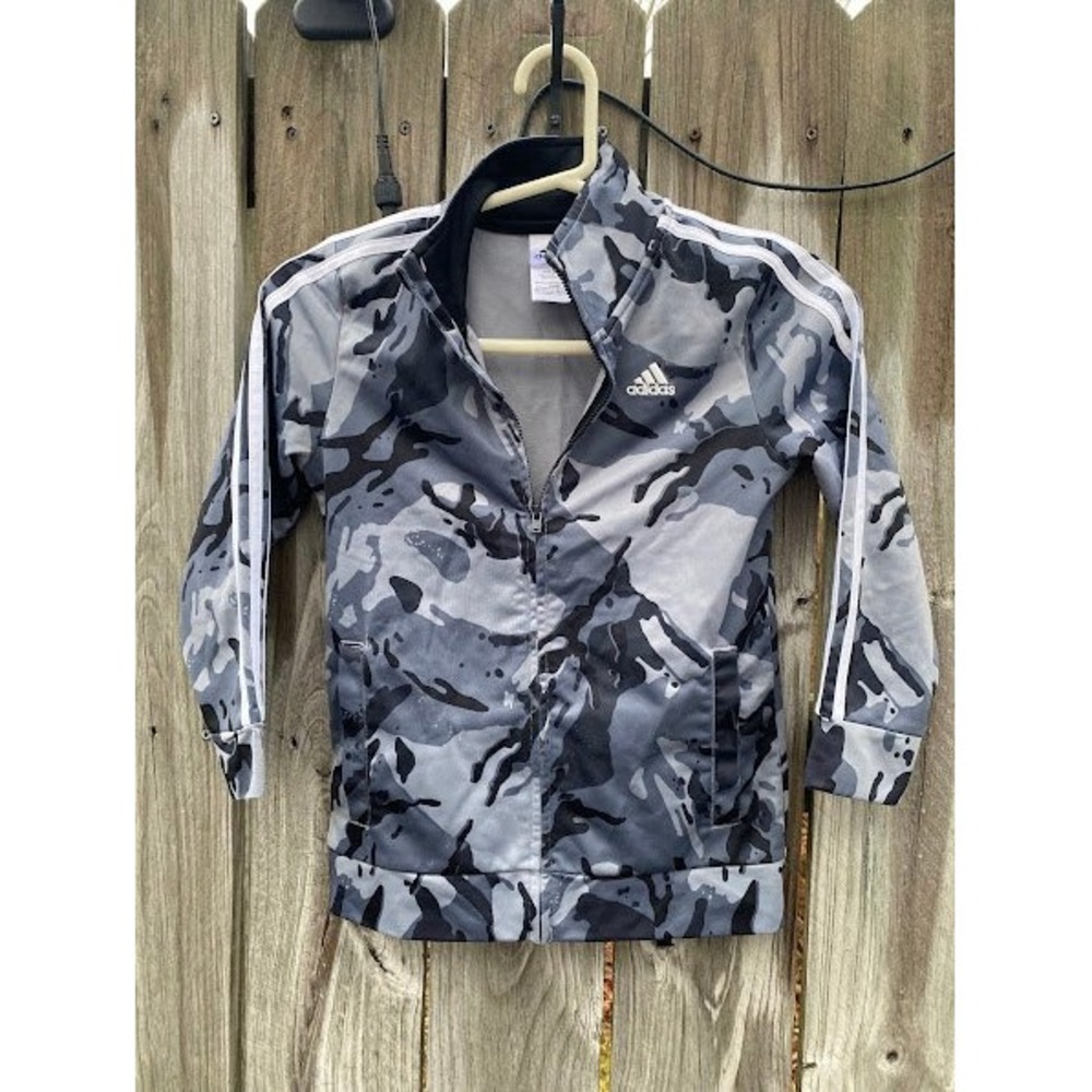 Adidas Boys‎ Camo Track Jacket Grey Black Camouflage Full Zip 3-Stripes Size 7